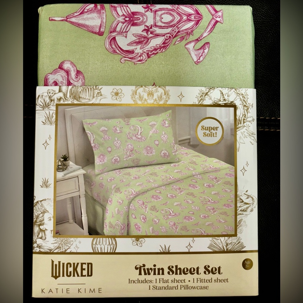 Wicked Katie Kime Green & Pink TWIN 3 Piece Sheet Set Girls Linens Bed Sheets